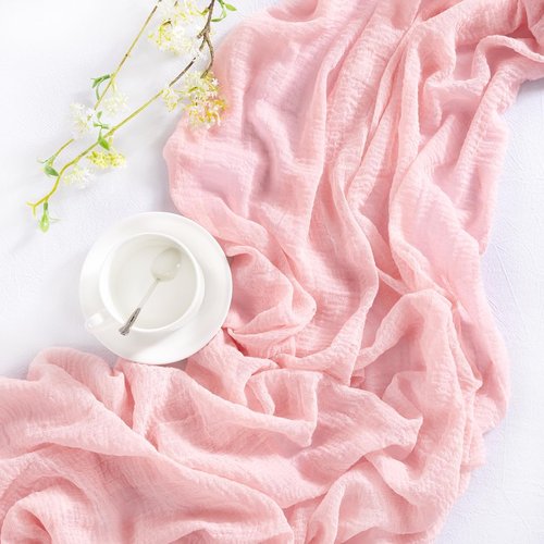 DeZerlor Blush Pink Cheesecloth Table Runner - 120 Inch Boho Gauze for Weddings & Events | 4 Pack