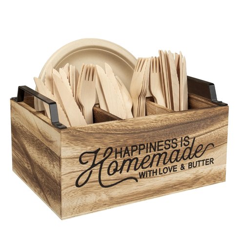 KOVNISE Kitchen Utensil Holder With Handle Wooden Utensil Organizer for Counter Multifunctional Countertop Organizer for Storage Cooking with 4 Compartment Farmhouse Kitchen Decor (Brown)
