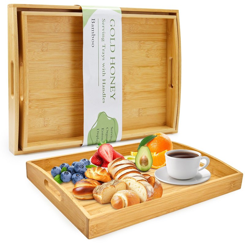 GOLD HONEY Bamboo Serving Tray with Handles Set of 2 - Decorative Wooden Tray for Living Room, Bathroom, Suitable for Used in Bedroom, Kitchen, Coffee Table, Outdoor and Storing - 17x13in, 16x12in