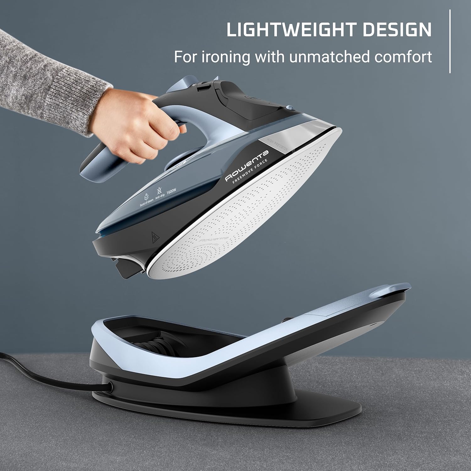 Rowenta Freemove Cordless Iron - 1600 Watts, Stainless Steel Soleplate, Rapid Heating, Portable Handheld Steamer - Blue, DE6730