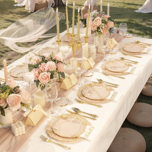 Ciaell 175 PCS Pink and Gold Plastic Plates - Fancy Gold Disposable Dinnerware Set with of 50 Plates, 25 Knives, 25 Forks, 25 Spoons, 25 Cups, 25 Napkins for Party & Weddings & Easter