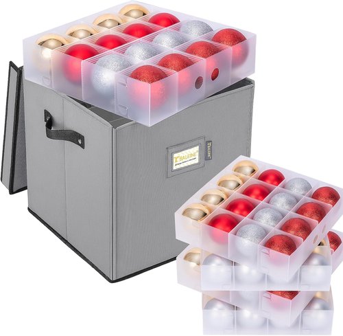 BALEINE Christmas Ornament Storage Box - Premium Container with Dividers for 64 Balls | Grey Hard Design
