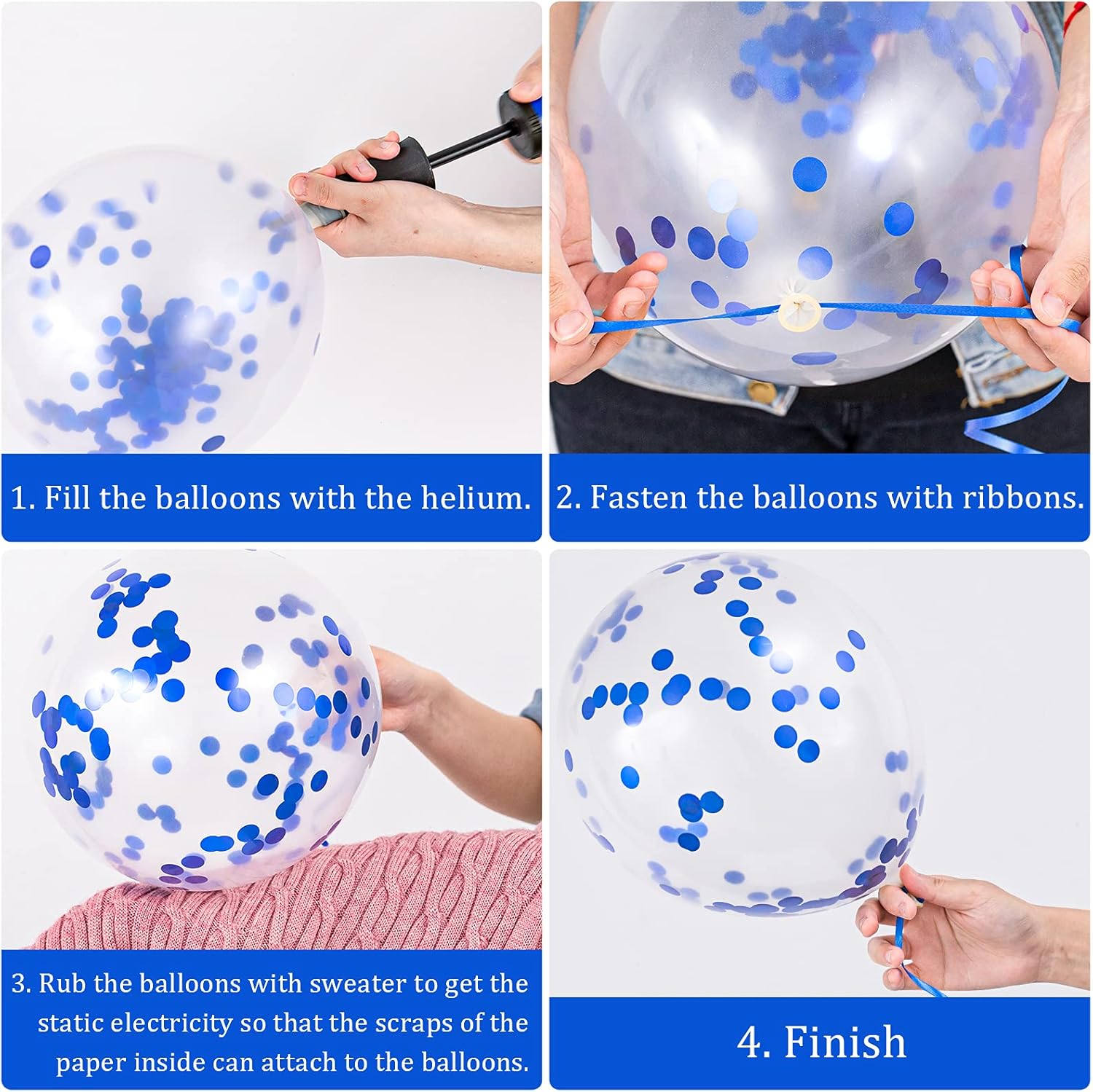 Whaline Graduation Party Balloon Set - 60 Pcs with Blue & White Confetti | 7 Unique Designs & Ribbons