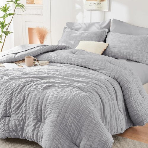 HYMOKEGE Queen Comforter Set - Light Grey Seersucker 7-Piece Luxury Bedding Set | All-Season Comfort