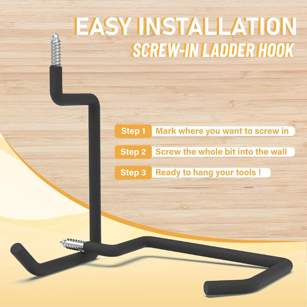 Skiennix Heavy Duty Screw-In Ladder Hooks - 4PC Black Wall Mount Tool Holders for Garage Storage