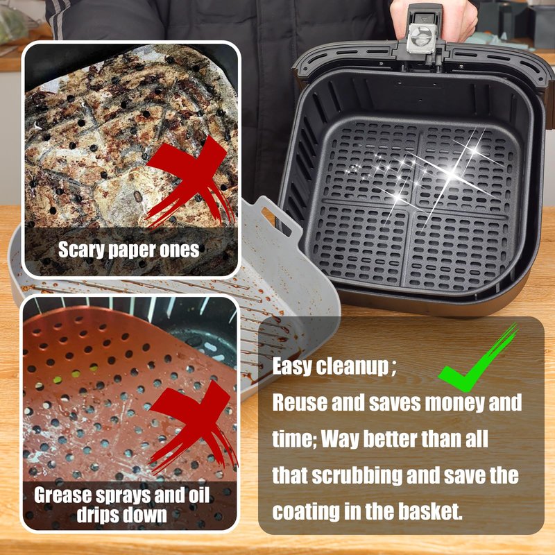 Golden Associate Silicone Liners Square for Air Fryer, 4 Pcs Non-stick Food-grade Reusable Basket Silicone Pot Baking Tray Airfryer Accessories, Top Size 9 inches, Bottom Size 8 inches