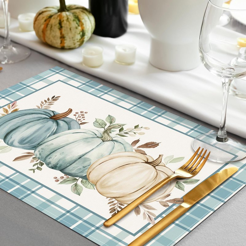 Bonhause Pumpkins Eucalyptus Leaves Fall Placemats Set of 4, 12x18 Inch Blue Buffalo Plaid Autumn Thanksgiving Kitchen Dinning Table Mats Washable Place Mats for Indoor Outdoor Home Party Decor
