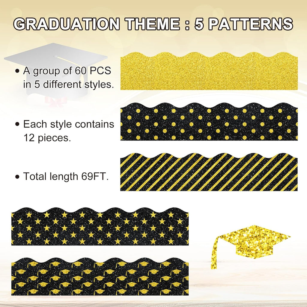Whaline Graduation Bulletin Board Borders - Glitter Black & Gold Cap & Star Design | 69Ft Trim for Classroom & Party Decor