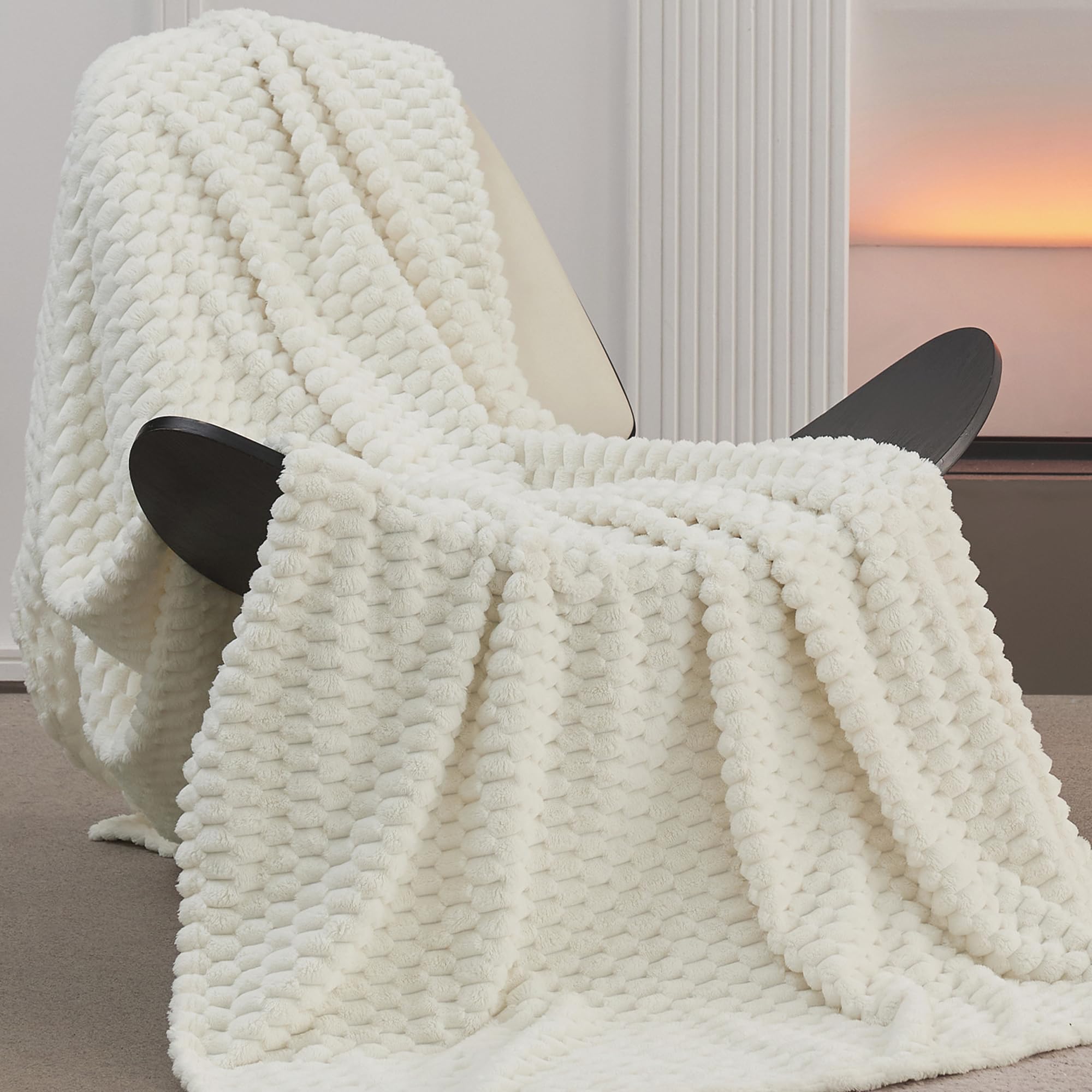 KORBLISS Super Soft Fleece Twin Blanket 50x70 Inches for Couch, Premium Silky with 3D Imitation Turtle Shell Jacquard Decorative Blankets, Lightweight and Cozy for Sofa.Ivory