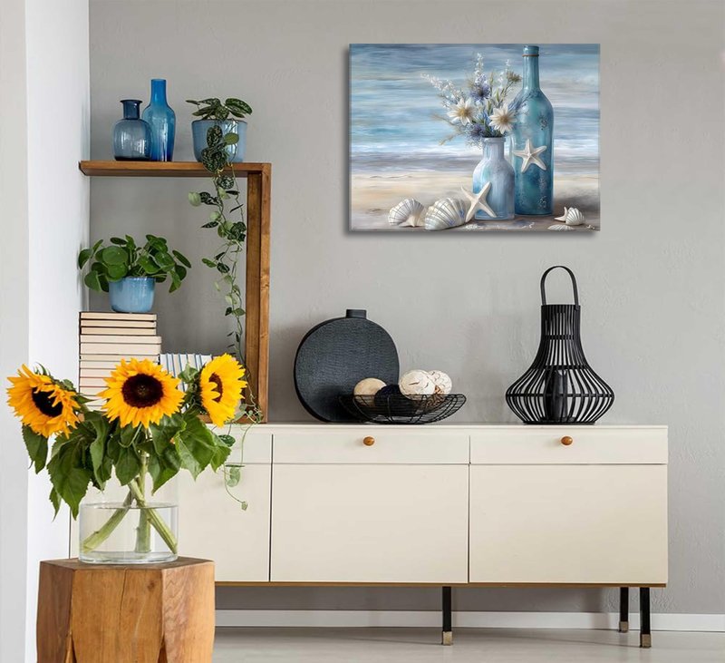 Blue Beach Ocean Flower Canva Wall Art Coastal Seascape Floral Vase Poster Picture Starfish Conch Theme Painting Rustic Shell Print for Bedroom Living Room Office Wall Decor Framed