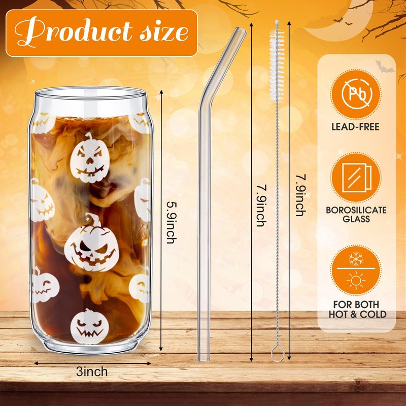 Umigy 4 Set 16oz Halloween Glass Cups Funny Ghost Witch Iced Coffee Can Cup Tumblers Pumpkin Fall Decorations Drinking Glasses with Lids Straws Brushes Halloween Birthday Gift for Women Men(Classic)