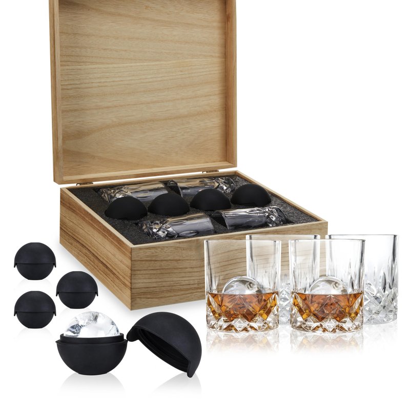 Viski Whiskey Glasses and Ice Sphere Molds Set in Wooden Gift Box, Stylish Lowball Glasses and Silicone Ice Molds, Elegant Barware for Cocktails, Margarita, Bourbon, Home Bar, Wedding Gifts, Set of 8