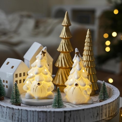 AOMOONOA Ceramic Christmas Tree Gnomes - Lighted Tabletop Decor for Indoor Holiday Cheer - White