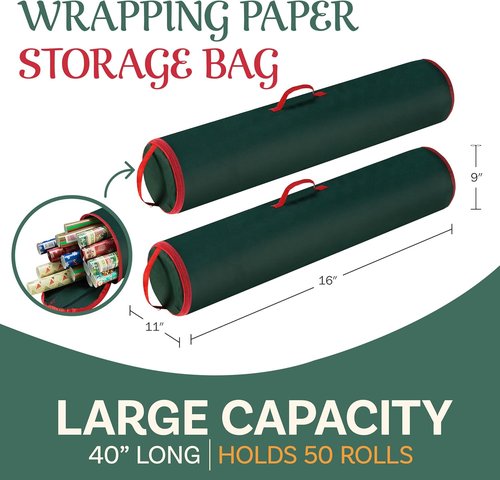 Elf Stor Wrapping Paper Storage Bags - Set of 2 Zippered Canvas Totes with Sturdy Handles | Fits Up to 40-Inch Rolls (Green)