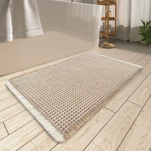 AMOAMI Waffle Bath Mat - Super Absorbent Non-Slip Bathroom Rug | Machine Washable, 17" x 24", Brown & Cream