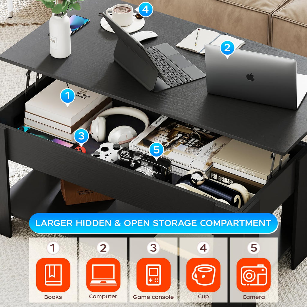 FDW 39 inch Lift Top Coffee Table with Hidden Storage Compartment & Lower Shelf,Coffee Table with Lift Top for Living Room,Home Small Space,Black