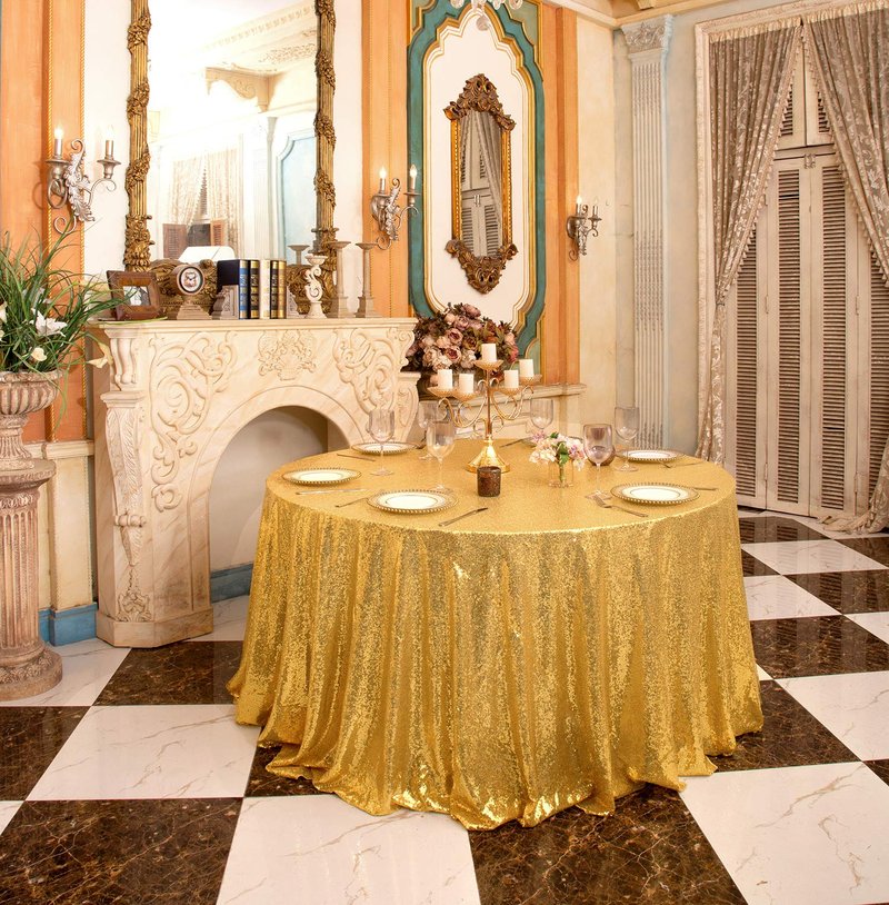 PartyDelight 120" Round Gold Sequin Tablecloth High-Density 3mm Stitched Sequins Floor-Length Shimmering Cover for 5ft/60 Circular Banquet Tables, Wedding Receptions