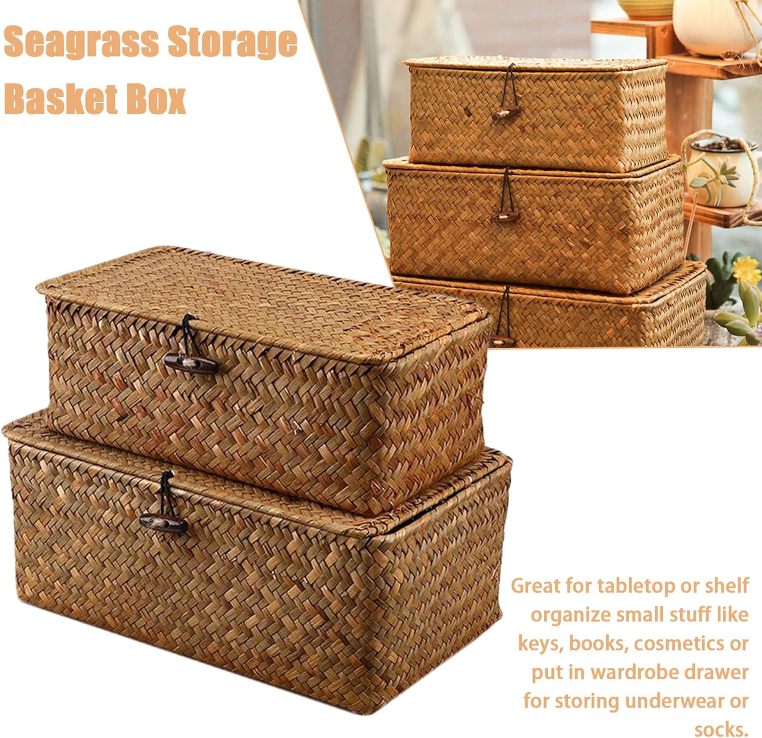 Skiennix Storage Baskets - 2 PCS Woven Seagrass Baskets with Lid for Stylish Organization | 10x6x4 & 9x5x3 Inches