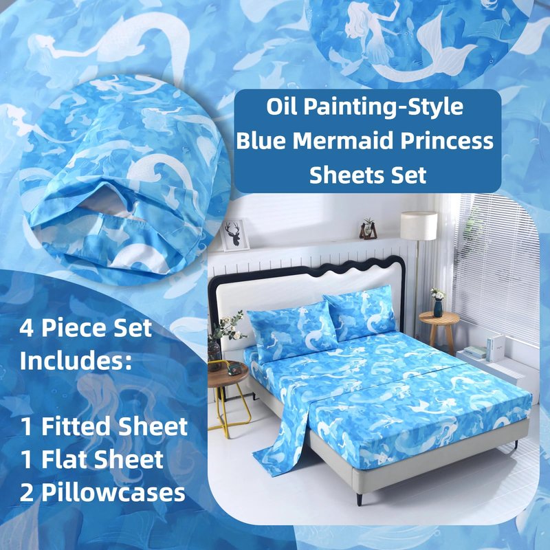 SDIII 4PCS Blue Mermaid Queen Sheets Set, Soft Microfiber Princess Sheets Set Queen, Blue Mermaid Bed Sheet for Girls Kids and Teens, Deep Pocket
