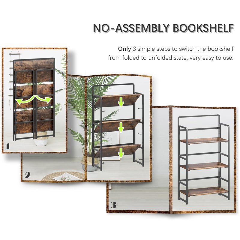4NM 2 Tiers No-Assembly Folding Bookshelf with Wheels, Portable Rolling Storage Foldable Bookcase & Compact Side Table for Living Room, Bedroom, Kitchen, Bathroom (All White)