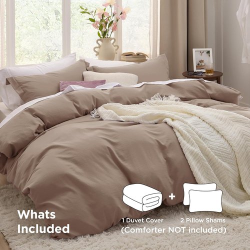 Bedsure Khaki Duvet Cover Set - Extra Soft Prewashed Cotton-Like Polyester | Queen Size 3 Pieces (90x90 Inches)
