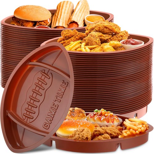 Wiwiqing 48 Pcs Football Serving Trays, Large 13.4 x 8.5 Inch Plastic Football Snack Thick Trays, Includes 2 Dip Sections, Tailgate Party Serveware Decorations