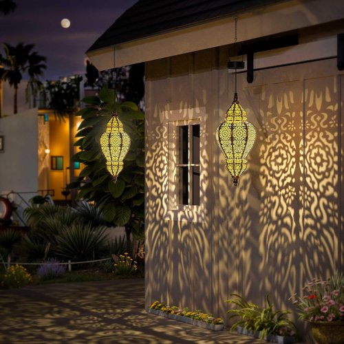 Hapjoy Moroccan Solar Lanterns - Waterproof Outdoor Garden Decor | Bidirectional Gold Design (1, Gold)