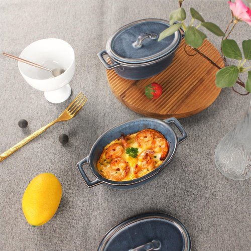 Ceramic Mini Oval Cocotte Set - 10 Oz Small Casserole Dishes with Lids | Set of 2, Blue, Oven & Microwave Safe