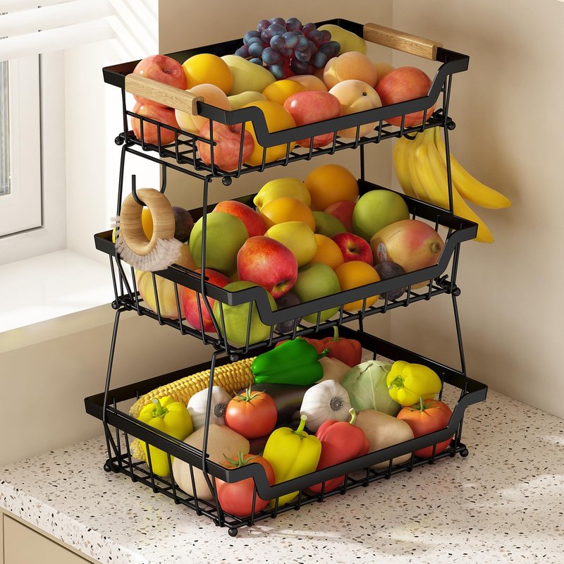 GILLAS 2 Tier Countertop Fruit Basket with 2 Banana Hangers for Kitchen, Detachable Metal Organizer for Bread Vegetable Fruits with Wooden Handle, Large Capacity Rectangular Storage Stand Bowls, Black