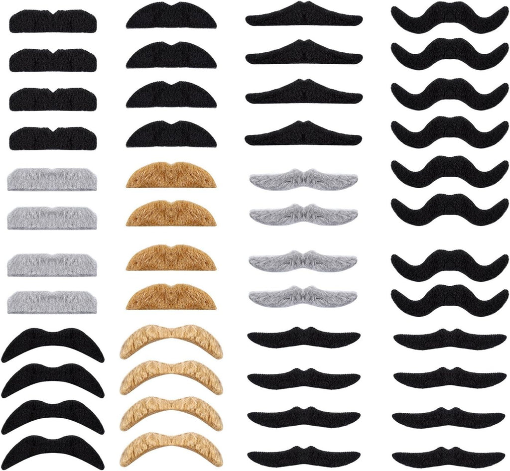 Whaline 48Pcs Self-Adhesive Fake Mustaches Set - Fun Costume Facial Hair for Halloween Parties