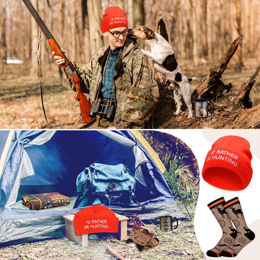 Cotwinter 5 Pcs Deer Hunting Gifts for Hunters Men Dad Papa Grandpa Husband Boyfriend, Funny Hats Socks Throw Blankets and Ceramic Coffee Mugs 11 oz with Gift Box for Fathers Day Christmas Birthday