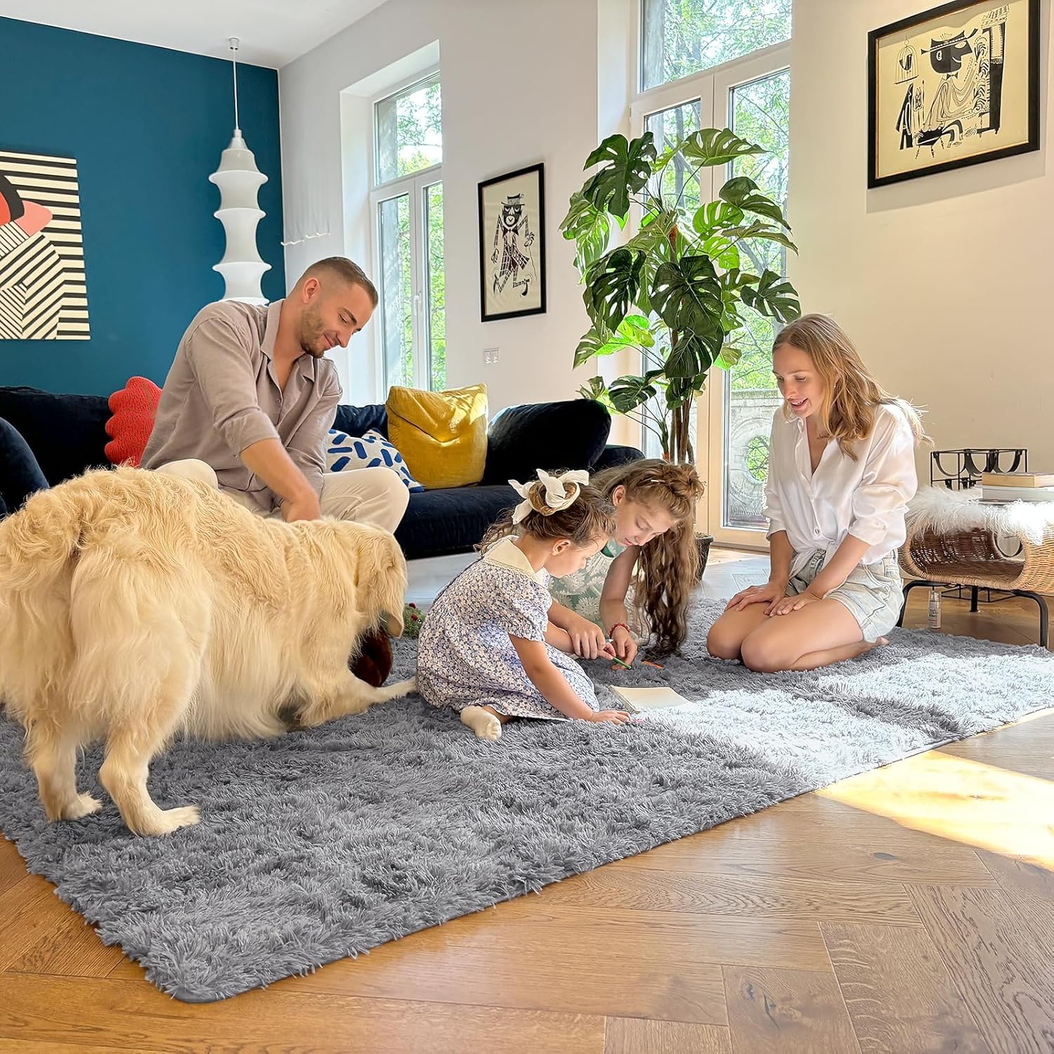 OLANLY Large Area Rug - Soft Fluffy Shaggy Carpet for Living Room & Bedroom | 7x10 ft, Light Grey