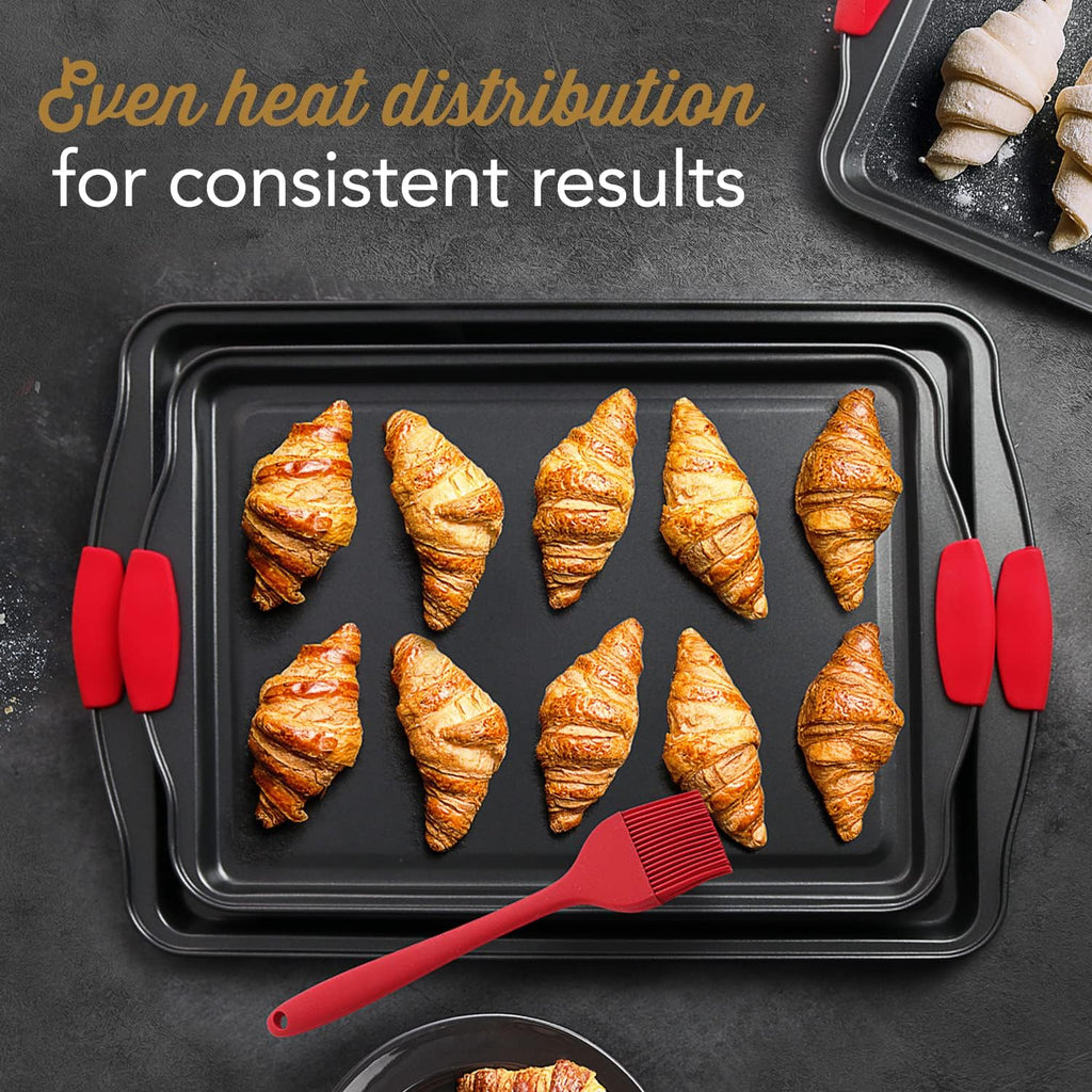 Steel Baking Sheet Set by [Brand Name] - 3-Piece Nonstick Cookie Sheets with Silicone Handles | BPA-Free, Durable Oven Pans - Black