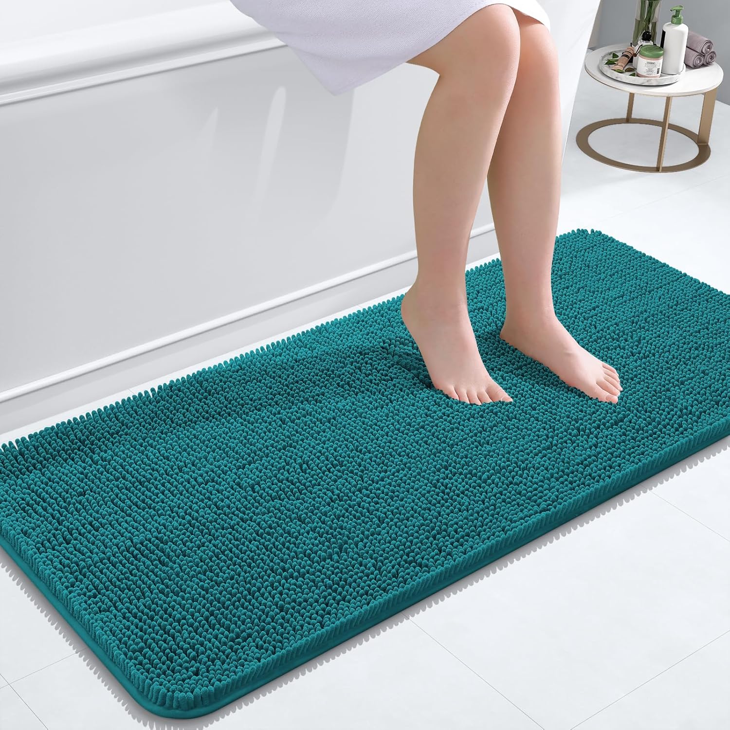 OLANLY Bathroom Runner Rugs - Soft Absorbent Chenille with Rubber Backing | 47x20, Quick Dry, Deep Lake