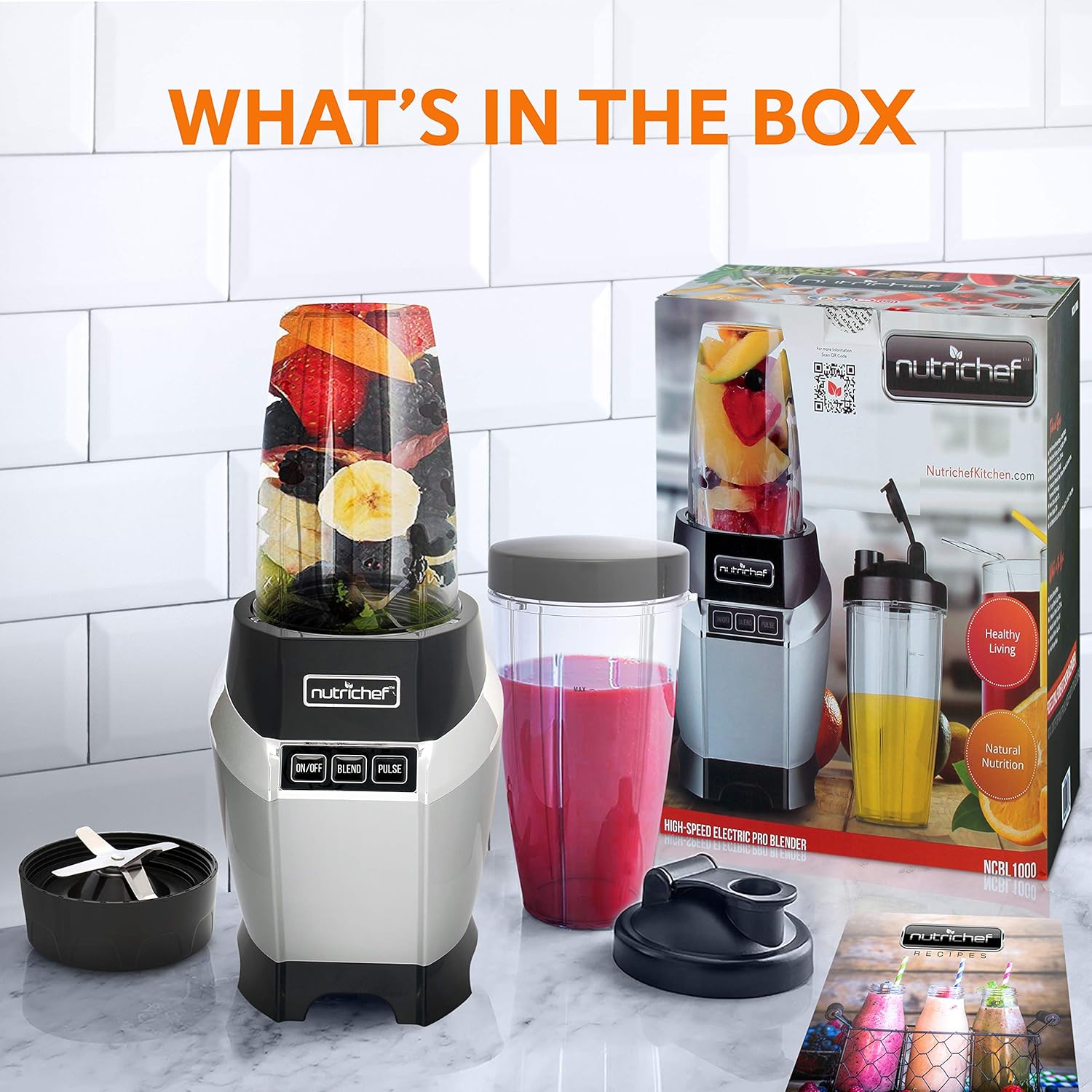NutriChef Personal Electric Blender - Compact Mini Blender for Smoothies & Shakes | 20 & 24 oz Cups, Black