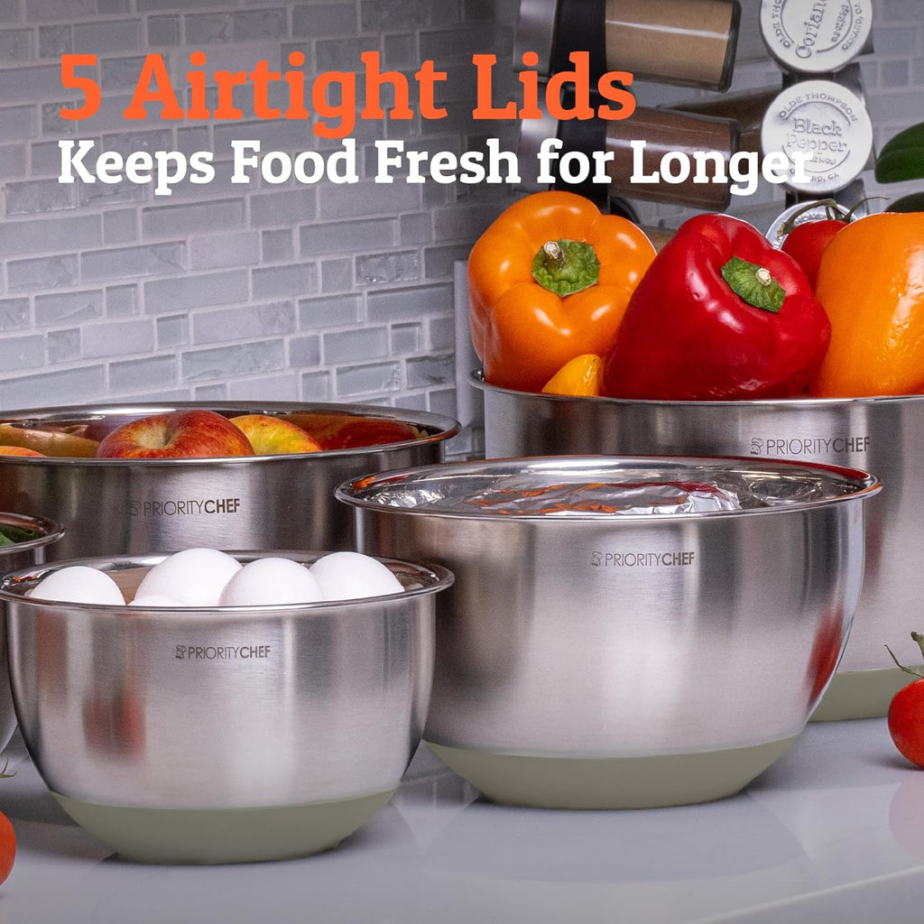 Priority Chef Premium Mixing Bowls Set - Airtight Lids, Non-Slip Base, 5 Nesting Bowls (1.5-5 Qt) - Khaki