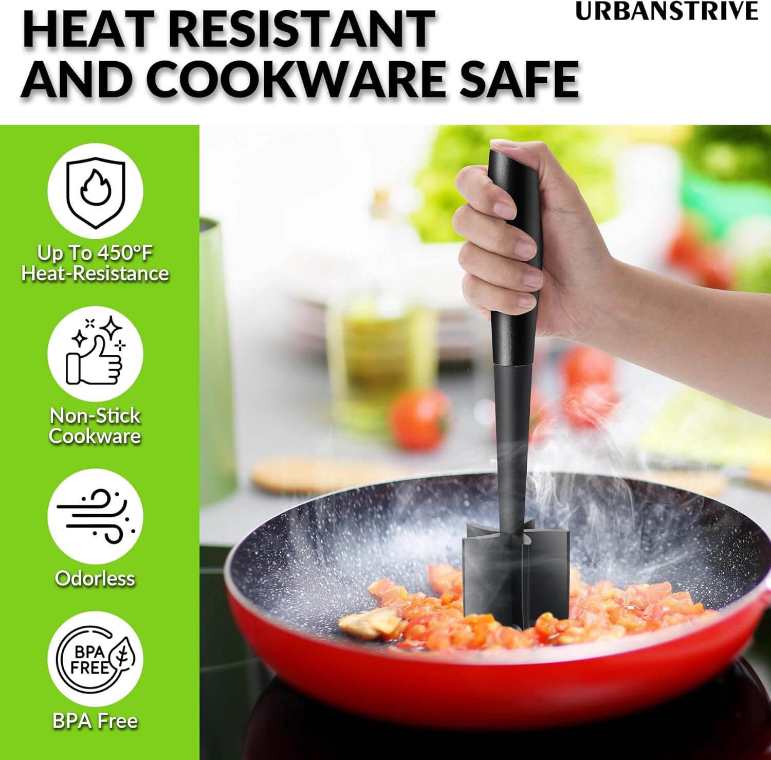 Urbanstrive Heavy Duty Meat Chopper - Durable Non-Scratch Hamburger Smasher | Black Color