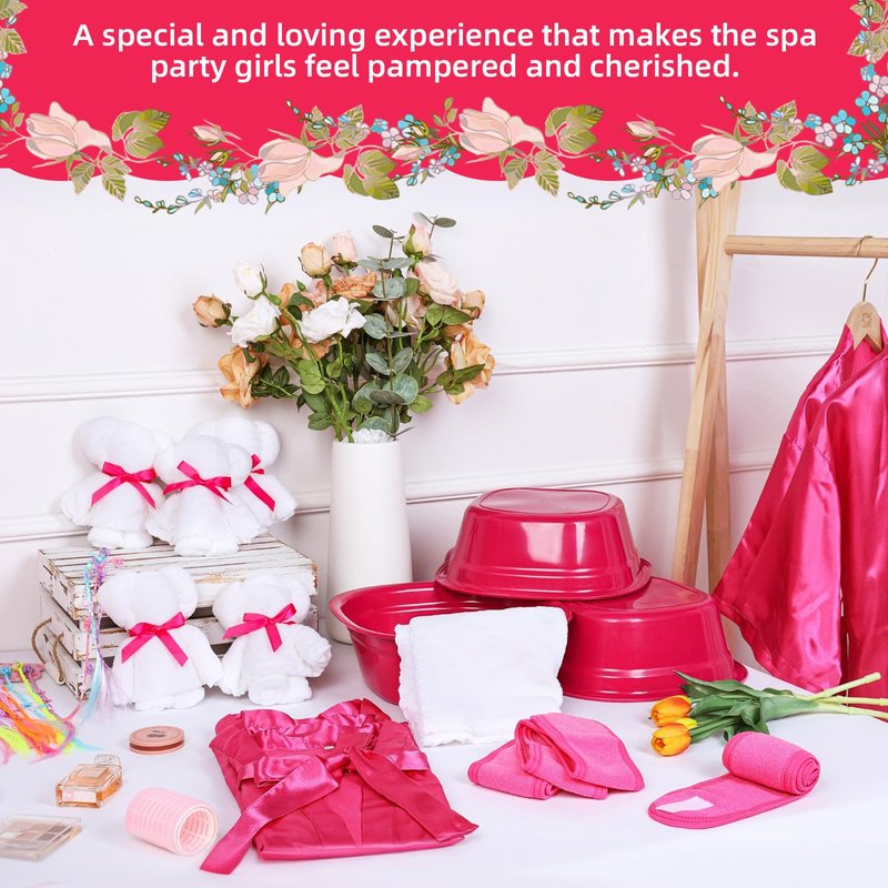 30 Pcs Kids Spa Party Supplies for Girls: Kids Satin Robes Salon Stuff Kit - 6 Robes 6 Basins 6 Makeup Headband 6 Towels 6 Hair Clip Braid - Foot Spa Sleepovers Slumber Birthday Favor (Rose Red)