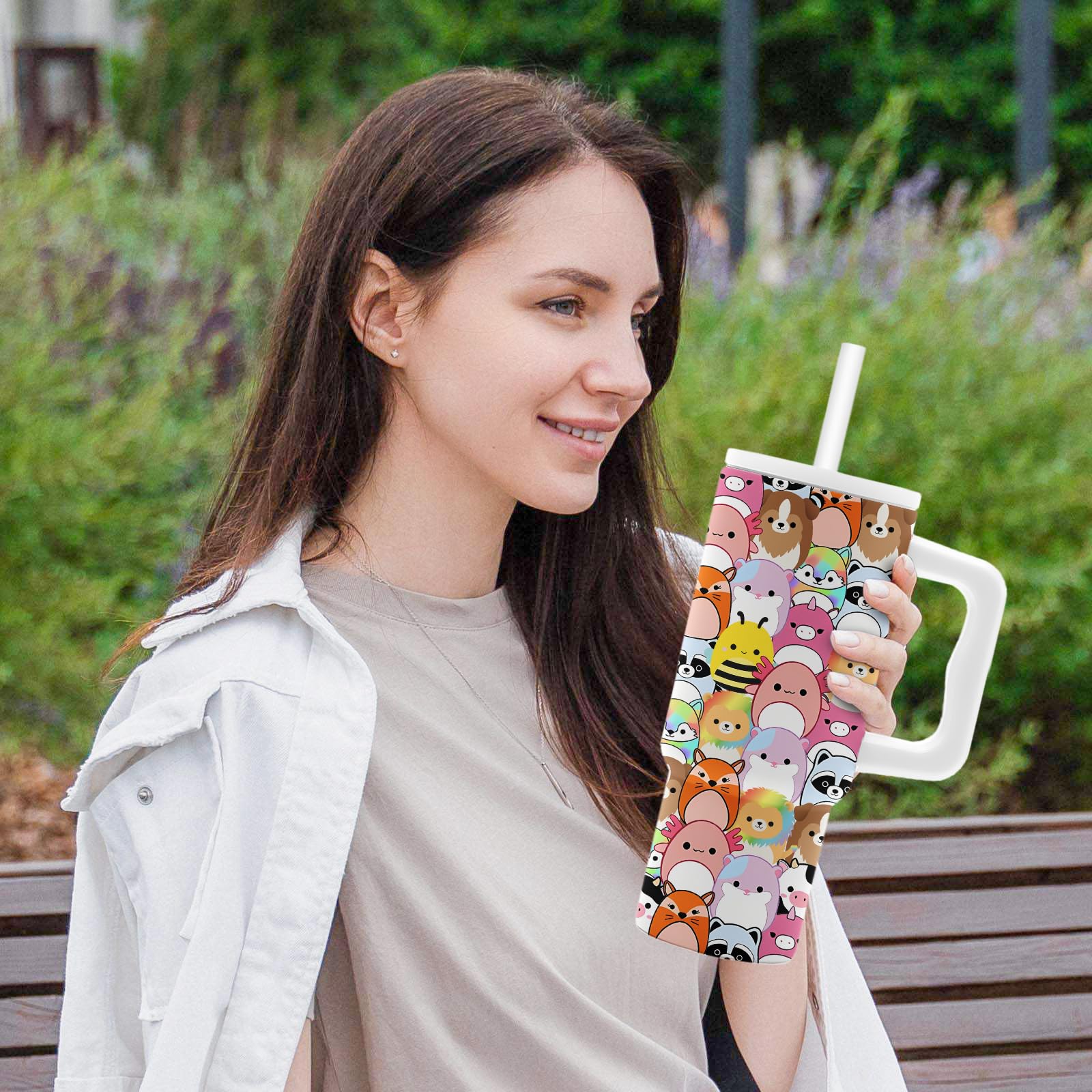 Colorful Squishy Tumbler with Handle 24 Oz, Insulated Stainless Steel Cartoon Animals Print Coffee Mug Cup, Squish Toy Lovers Gifts for Women Girls