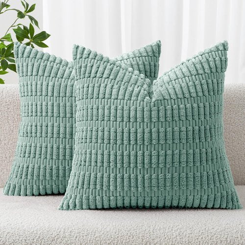 MIULEE Corduroy Throw Pillow Covers - Soft Boho Striped Design | 16x16 Inch Teal Green for Modern Home Decor