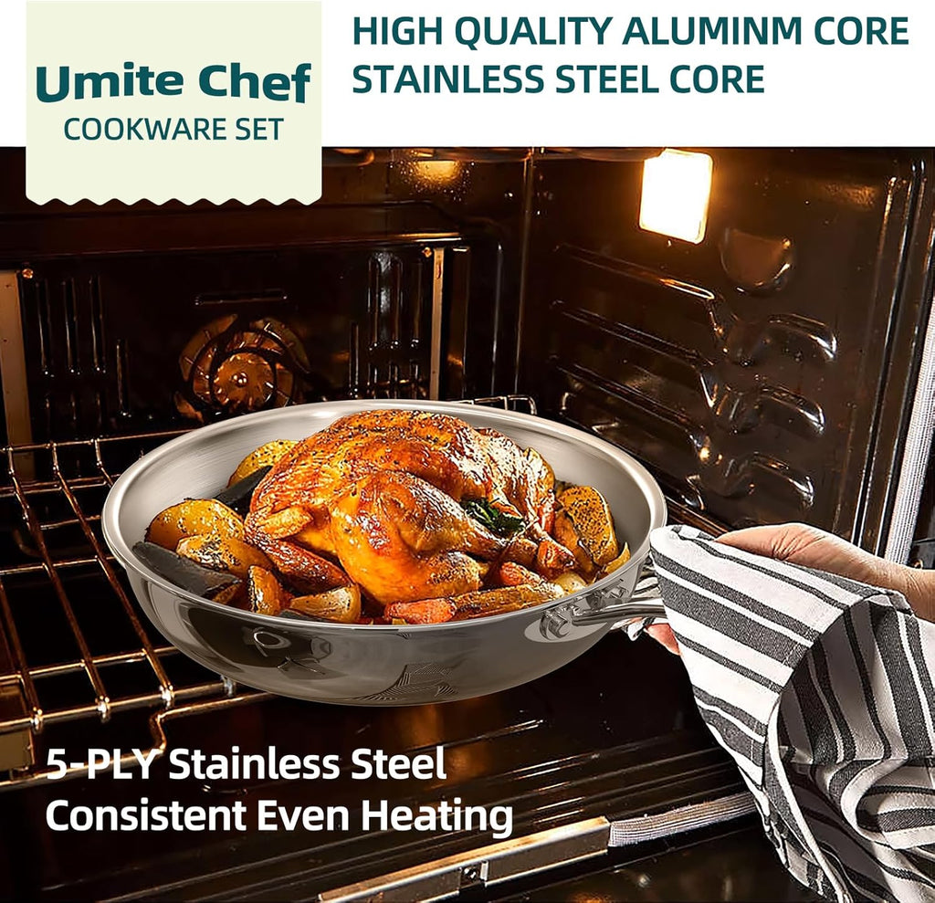 Umite Chef Stainless Steel Cookware Set - 14-Piece 5-Ply Induction Pot and Pan Set | Heavy-Duty, Oven Safe, PFOA-Free