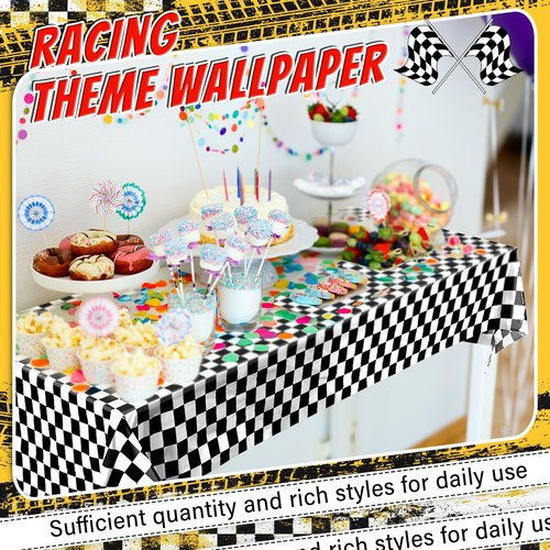 Breling 4 Packs Car Birthday Party Decorations Plastic Car Table Cloth Two Fast Disposable Race Road Checkered Party Supplies Race Theme Party Favors for Birthday, 54 x 108 Inch