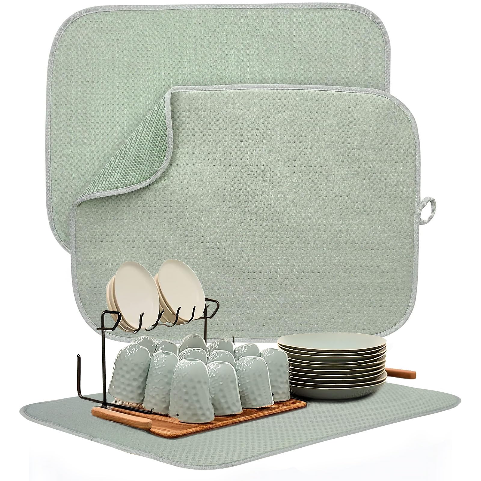FULL BE DARE 2 Packs Dish Drying Mats for Kitchen Counter, Drying Matt Kitchen Counter, Sage Green Kitchen Dish Drying Mat & Dish Dryer Mat for Drying Dishes, 20 x 15 inches (Green)
