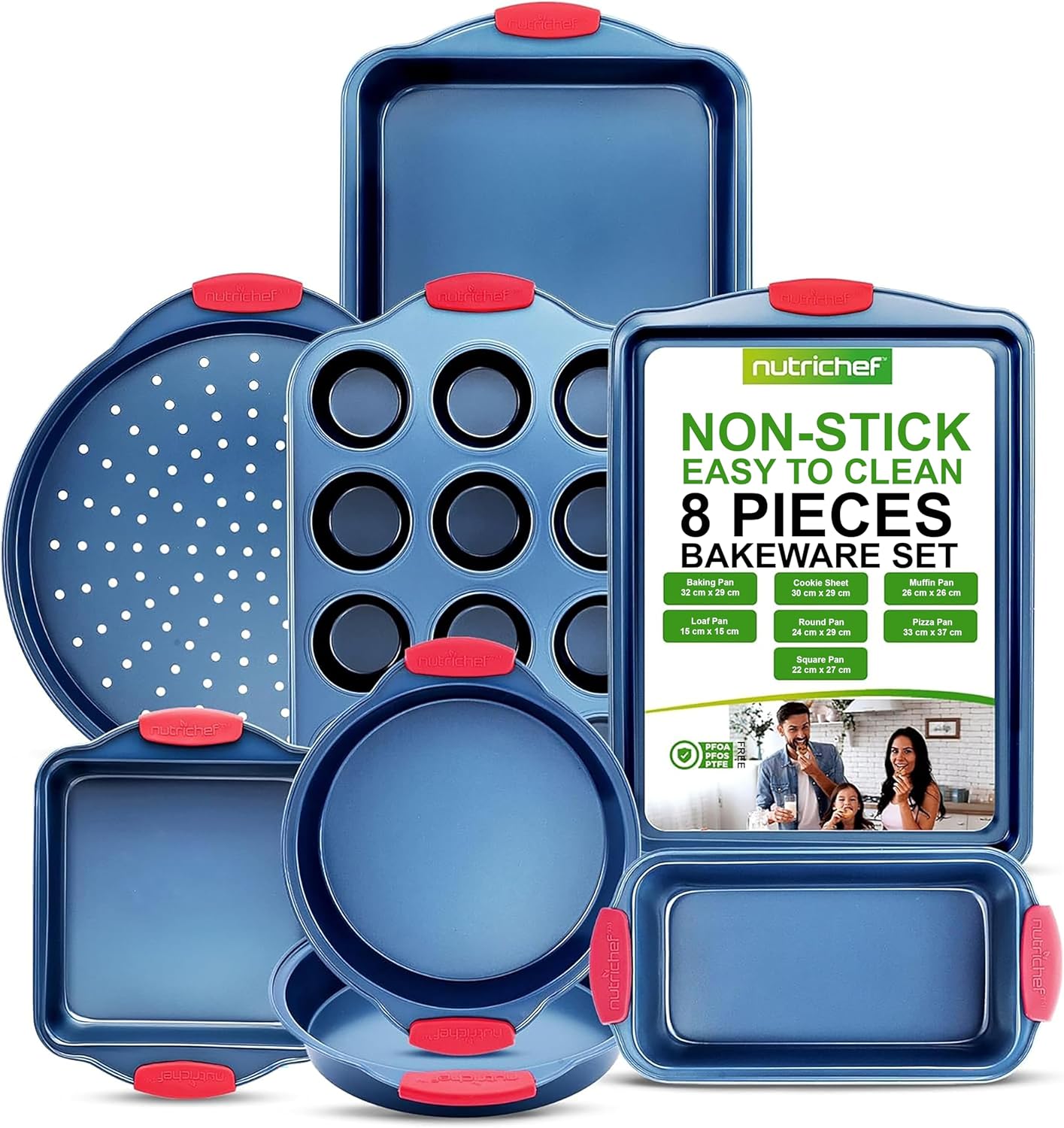 NutriChef 8-Piece Nonstick Baking Pan Set | Premium Carbon Steel Bakeware with Silicone Handles - Blue