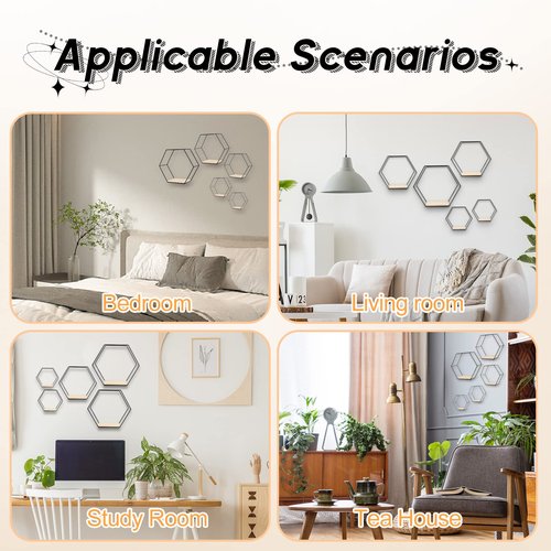 F FINEC Wall Mounted Hexagonal Floating Shelves Black Set of 5 in Different Sizes, Modern Metal Shelf, Simple Wood Partition Storage Shelves, Decor Rack for Bedroom, Living Room, Kitchen and Office