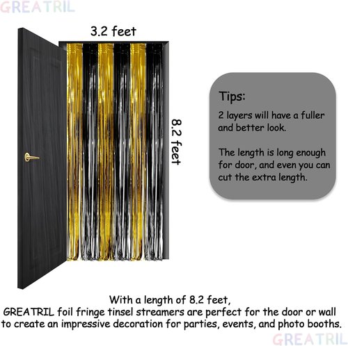 GREATRIL Black and Gold Party Streamers - Foil Fringe Backdrop for NYE, Anniversaries & More | 3.2ft x 8.2ft - 2 Packs