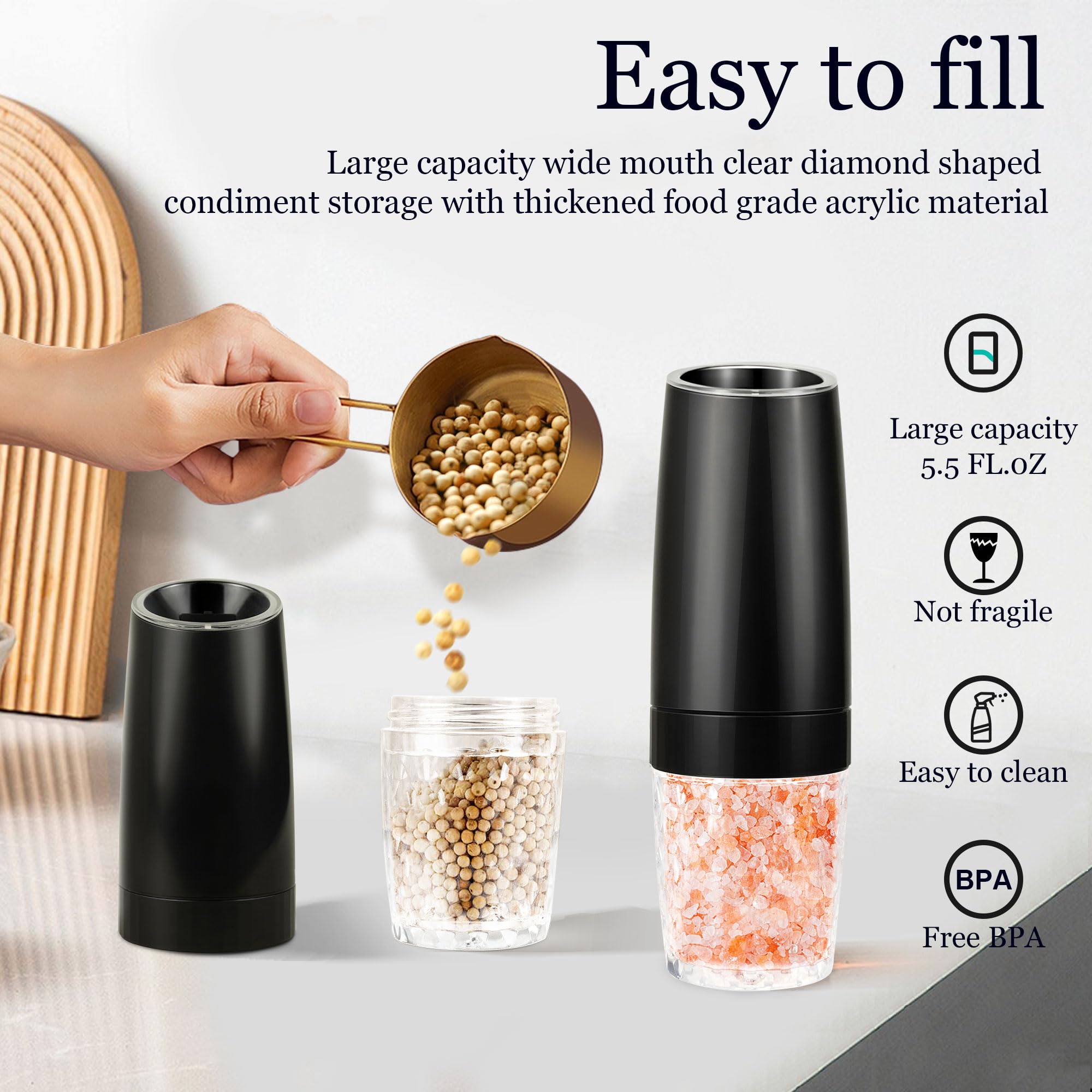 Rechargeable Salt and Pepper Grinder Set Gravity, Automatic and Refillable Salt and Pepper Shakers,Modern Spice Grinder Mill Electric,5.5oz,5 Adjustable Coarseness