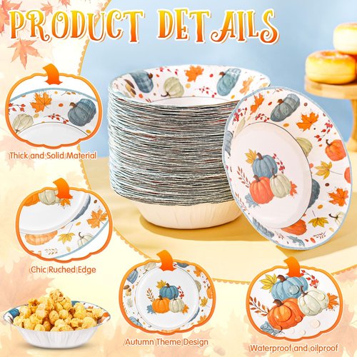 Sliner 100 Pcs 16 oz Thanksgiving Paper Bowl Pumpkin Autumn Maple Leaves Disposable Fall Thanksgiving Soup Bowl for Holiday Party Snack Dessert Salad Milk Cereal Serving Catering Event Supplies
