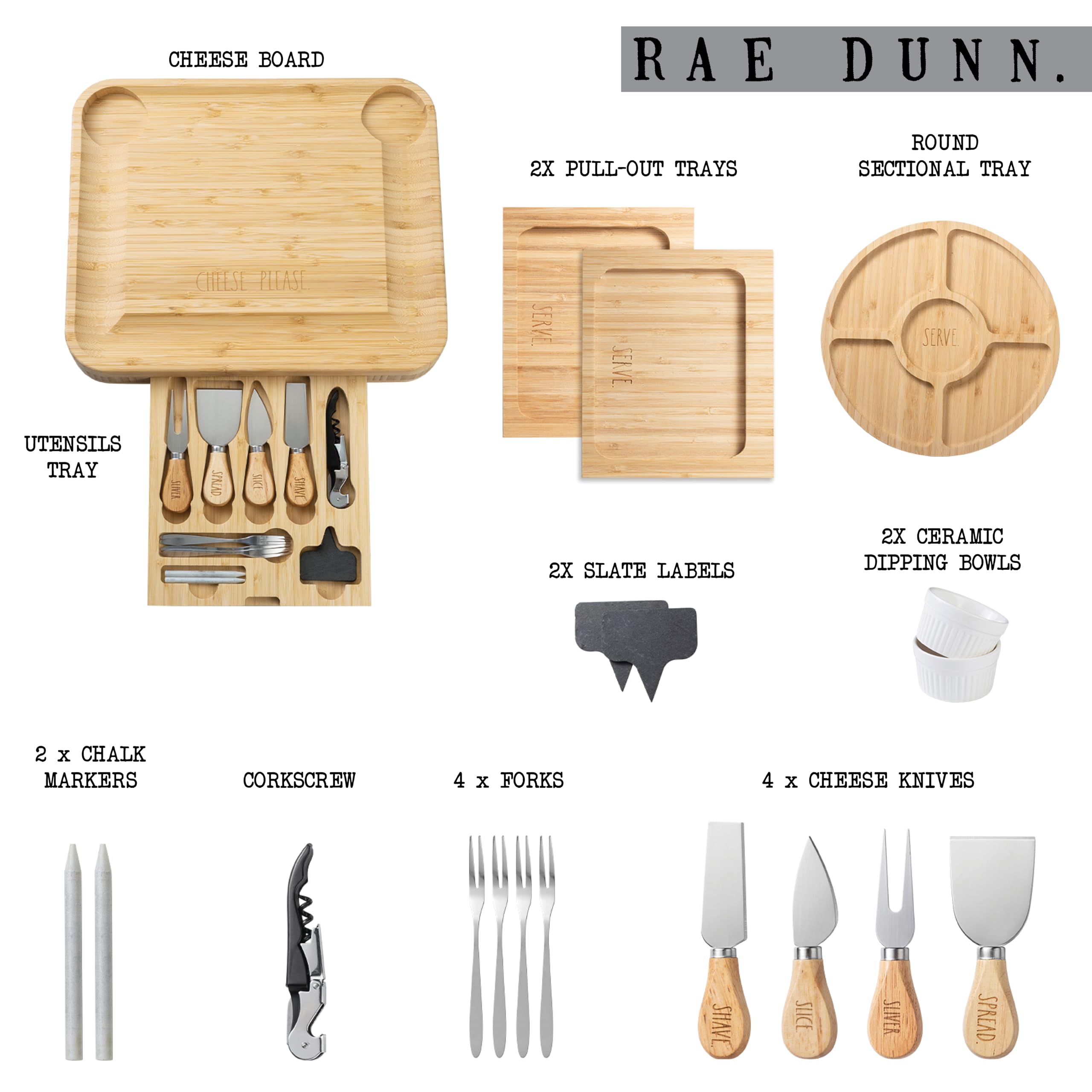 Rae Dunn Large Bamboo Charcuterie Board Set with Serving Forks and Platters