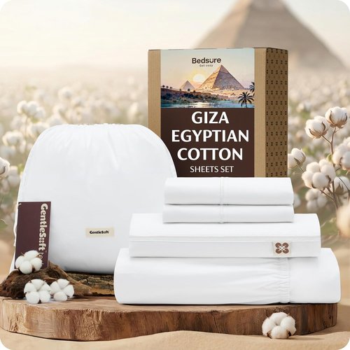 Bedsure 100% Giza Egyptian Cotton King Size Sheets - Silky Luxury Hotel Quality with 18-Inch Deep Pockets & Corner Straps (White)